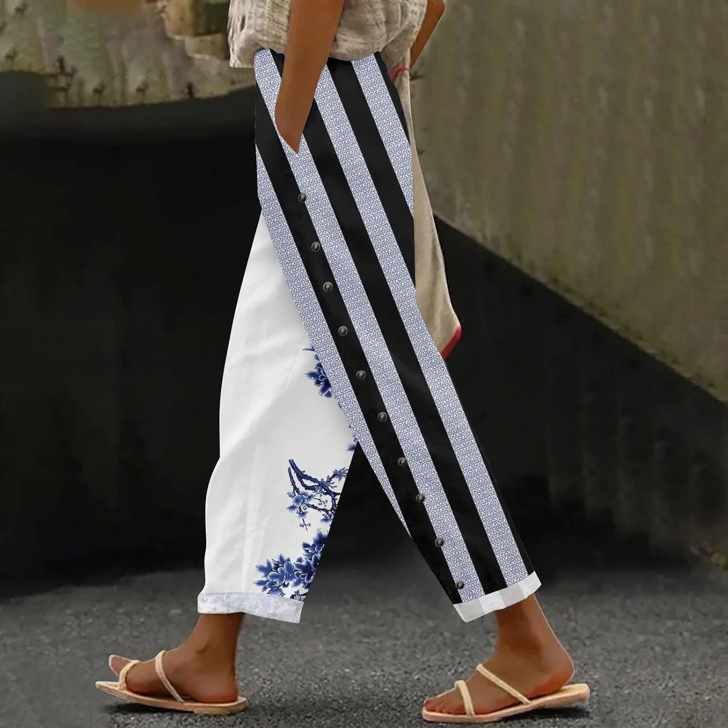 aihihe Linen Capri Pants for Women Summer Casual Cropped Pant Button Drawstring Lounge Pant Beach Travel Trousers with Pocket