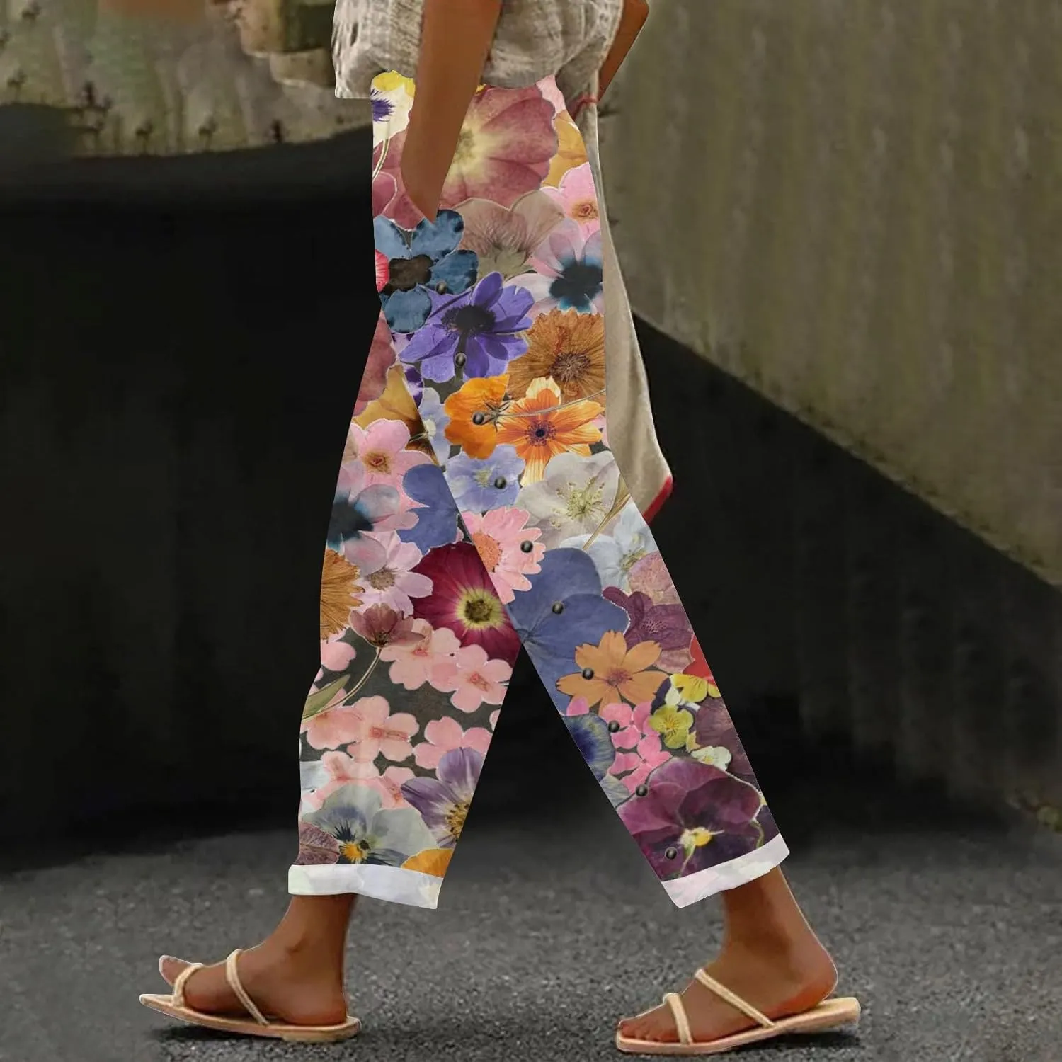 aihihe Linen Capri Pants for Women Summer Casual Cropped Pant Button Drawstring Lounge Pant Beach Travel Trousers with Pocket