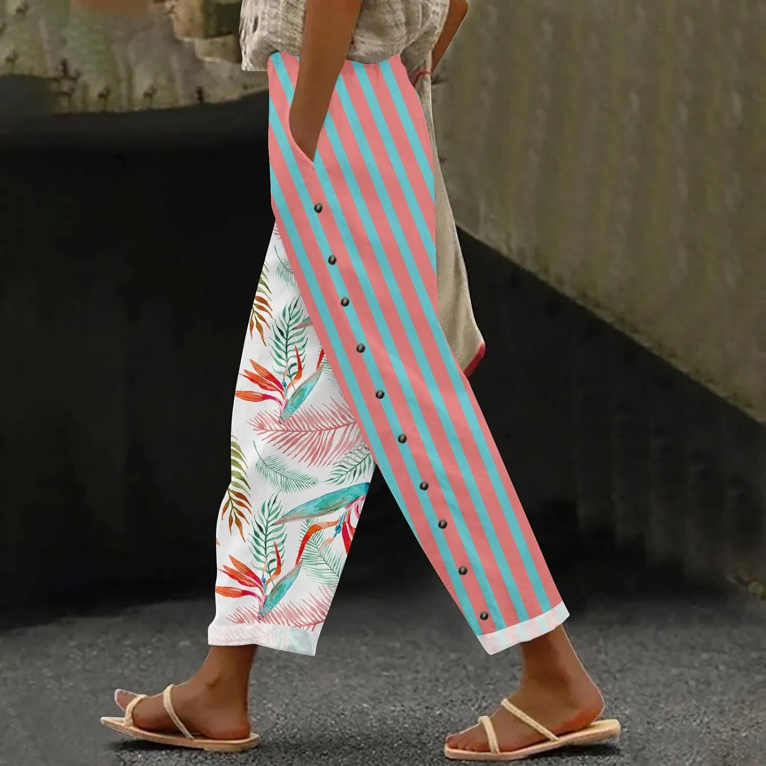 aihihe Linen Capri Pants for Women Summer Casual Cropped Pant Button Drawstring Lounge Pant Beach Travel Trousers with Pocket