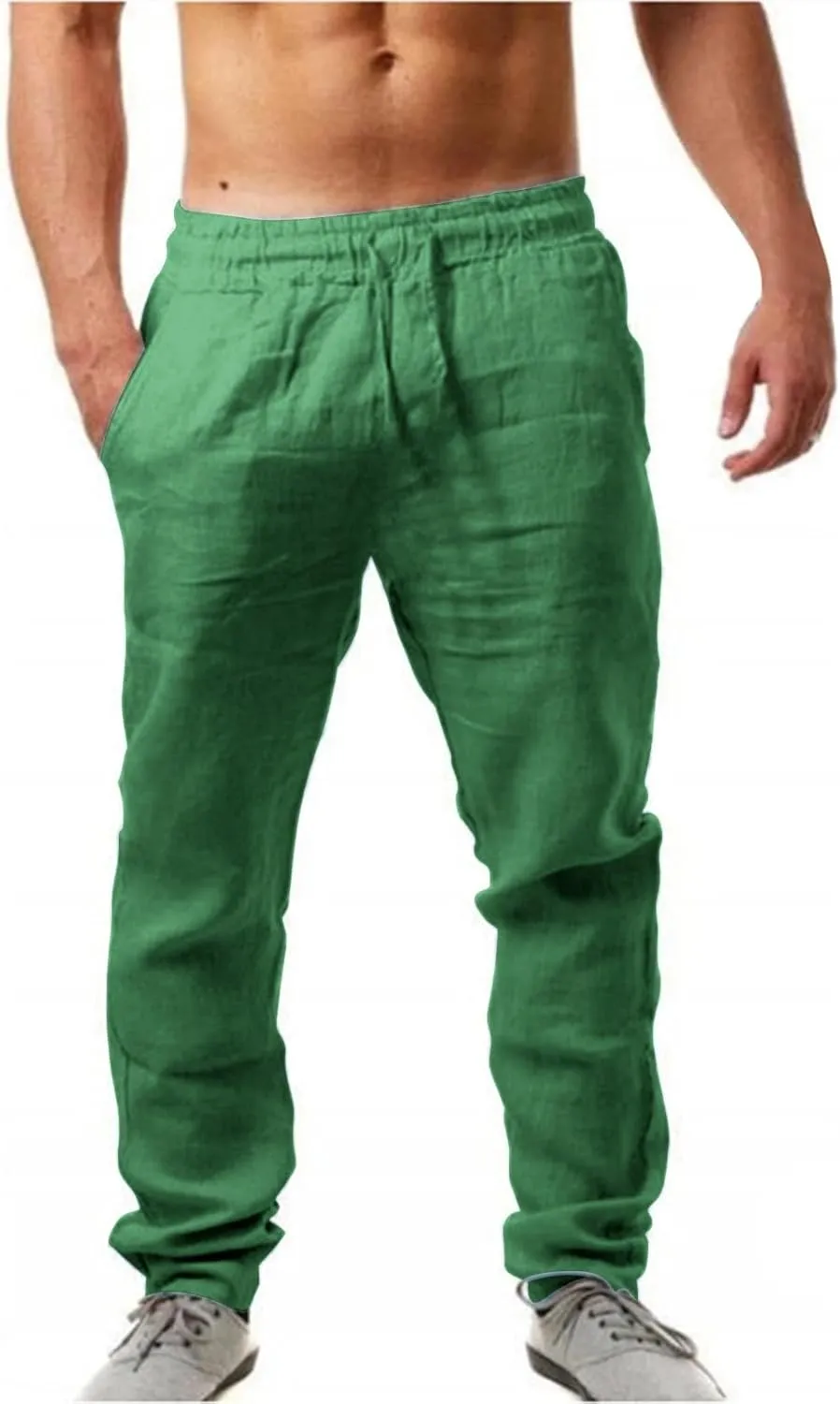 Alalaso Mens Long Pants Drawstring Stretch Trendy Cotton Linen Casual Summer Wicking Breathable Solid Color Trousers