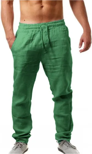Alalaso Mens Long Pants Drawstring Stretch Trendy Cotton Linen Casual Summer Wicking Breathable Solid Color Trousers