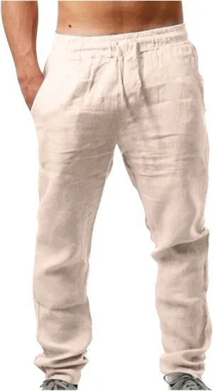 Alalaso Mens Long Pants Drawstring Stretch Trendy Cotton Linen Casual Summer Wicking Breathable Solid Color Trousers