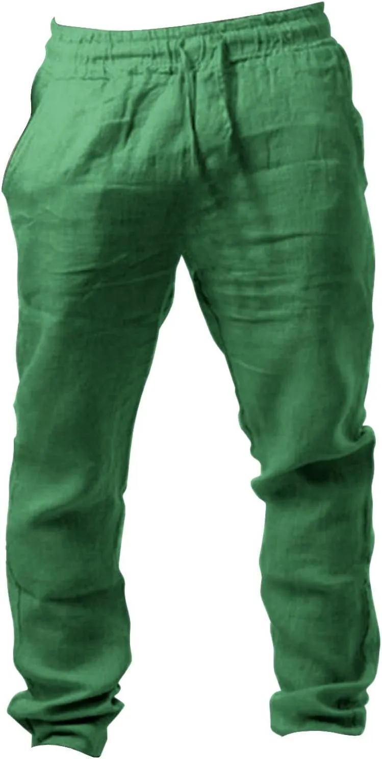 Alalaso Mens Long Pants Drawstring Stretch Trendy Cotton Linen Casual Summer Wicking Breathable Solid Color Trousers