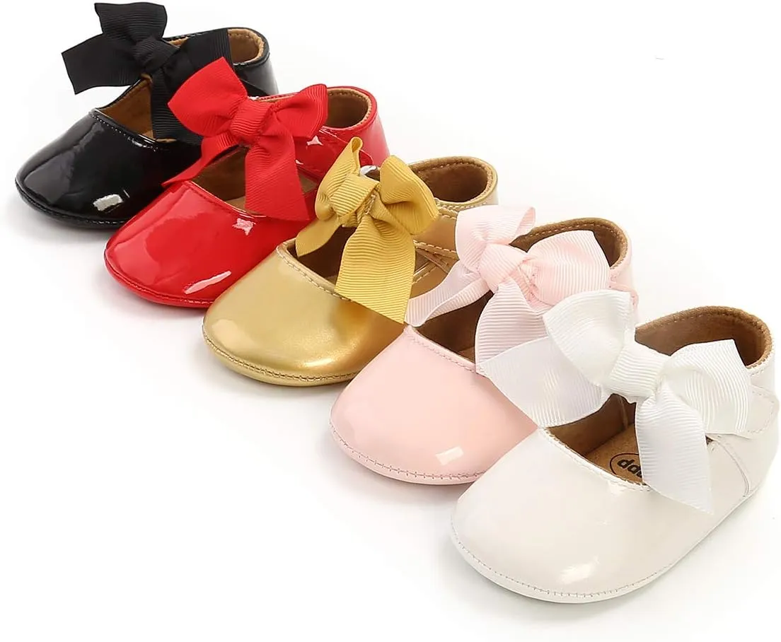 Antheron Baby Girls Mary Jane Flats with Bowknot Non-Slip Toddler First Walkers Princess Dress Shoes