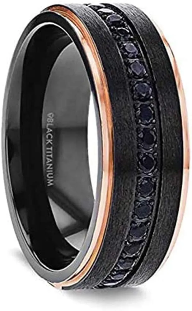 Astro Flat Brushed Black Titanium Ring with Rose Gold Plated Inside and Diamond Settings All Around - 4mm - 10mm
