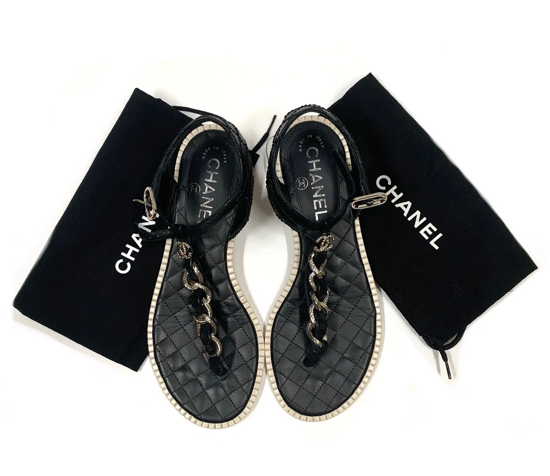 AUTHENTIC CHANEL 15P CC QUILTED CHAIN T-STRAP FLATS THONG SANDALS SIZE 36