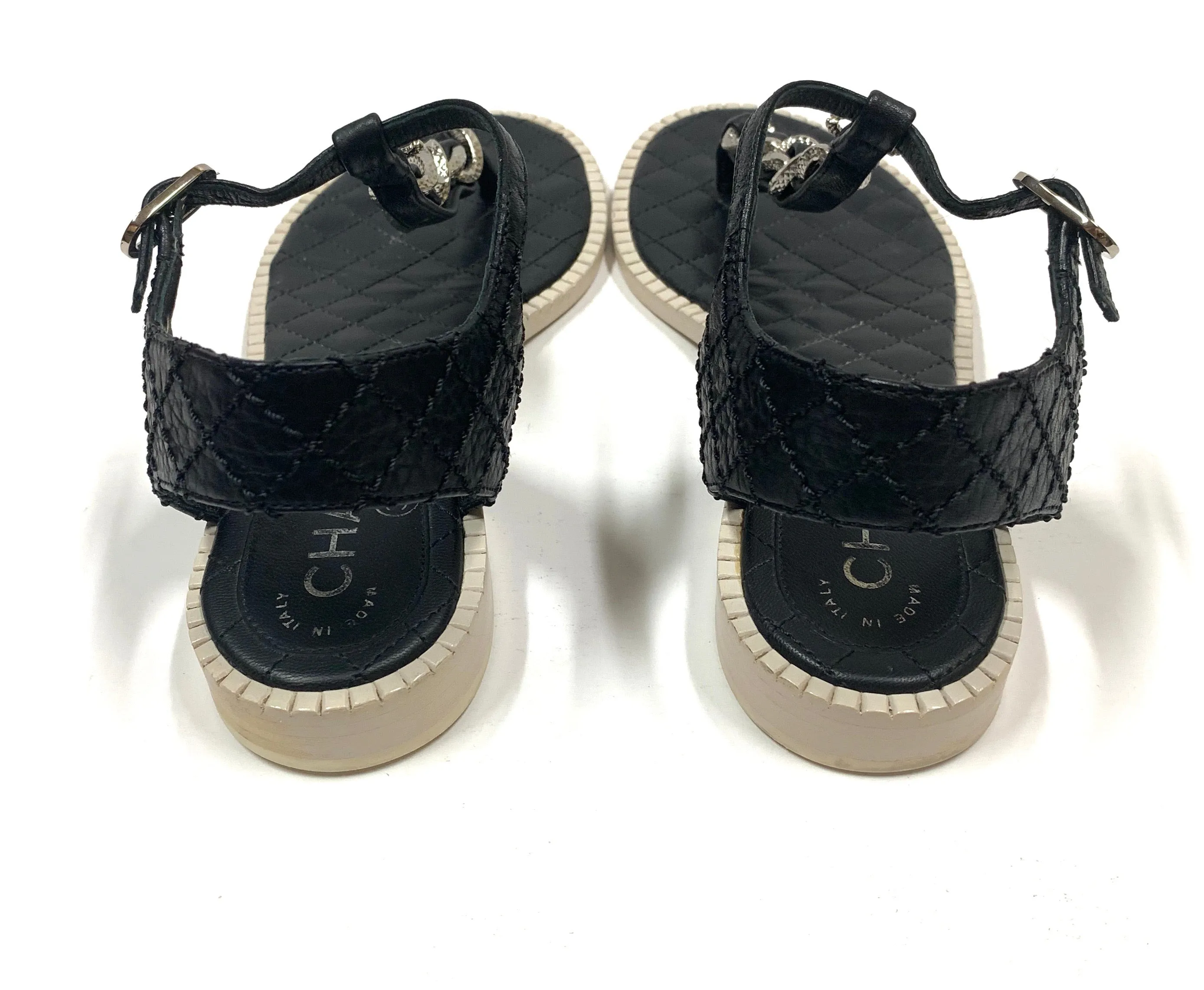 AUTHENTIC CHANEL 15P CC QUILTED CHAIN T-STRAP FLATS THONG SANDALS SIZE 36