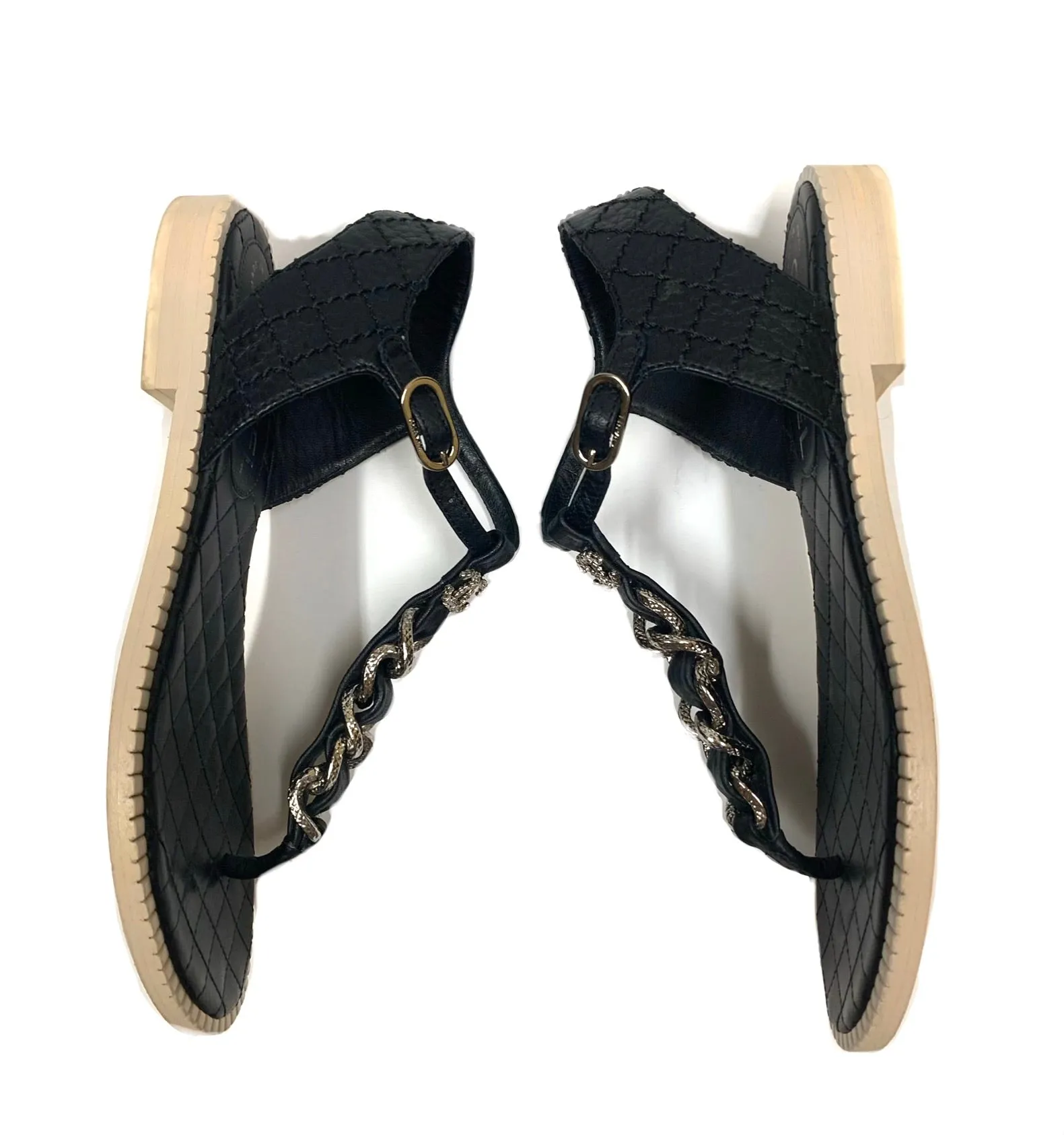 AUTHENTIC CHANEL 15P CC QUILTED CHAIN T-STRAP FLATS THONG SANDALS SIZE 36