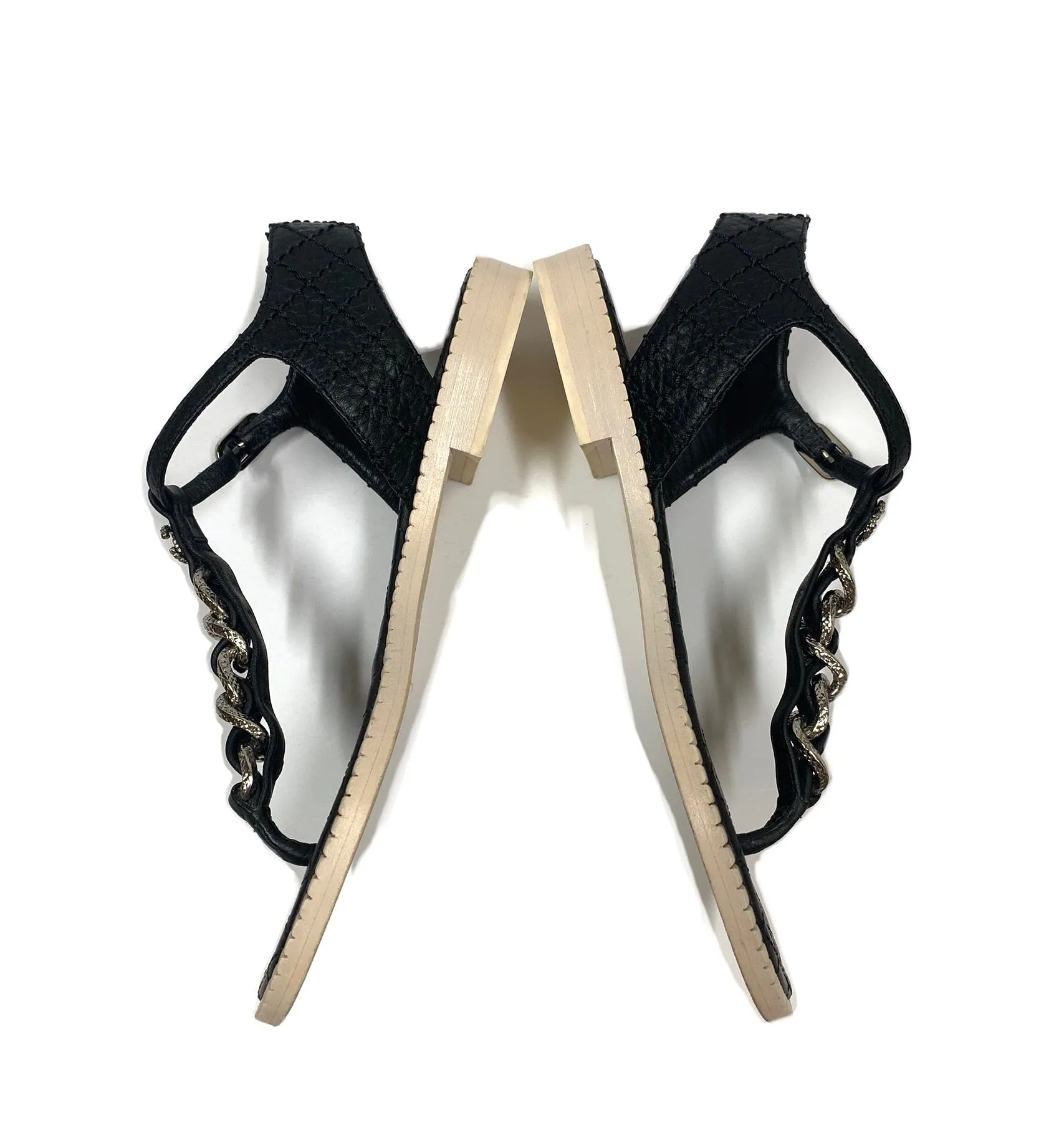 AUTHENTIC CHANEL 15P CC QUILTED CHAIN T-STRAP FLATS THONG SANDALS SIZE 36