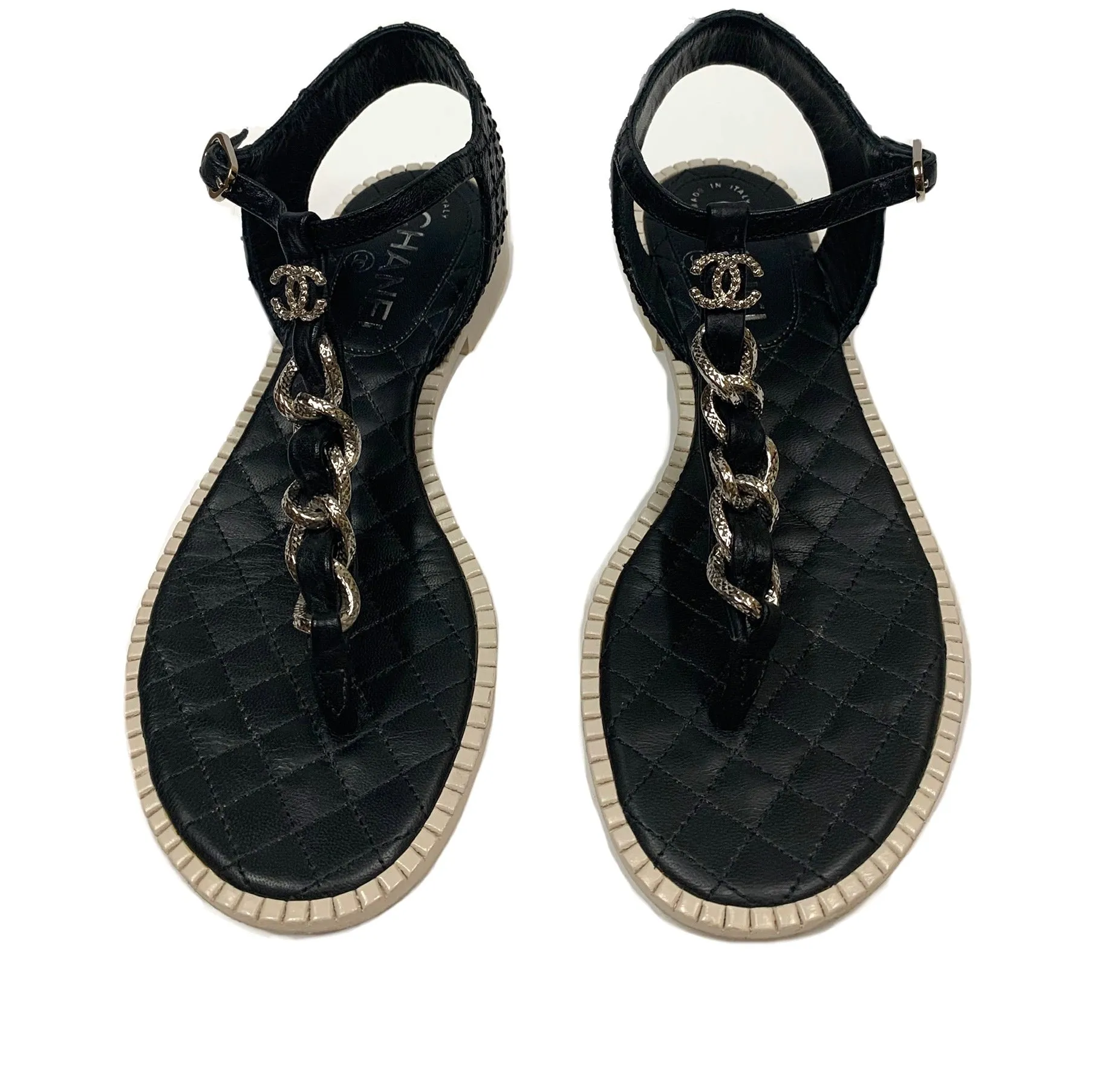 AUTHENTIC CHANEL 15P CC QUILTED CHAIN T-STRAP FLATS THONG SANDALS SIZE 36