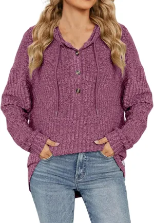 Autumn Slouchy Sweater Fashion Striped Knit Long Sleeve Drawstring Hooded Button Down Tunics Casual Party Work Tops