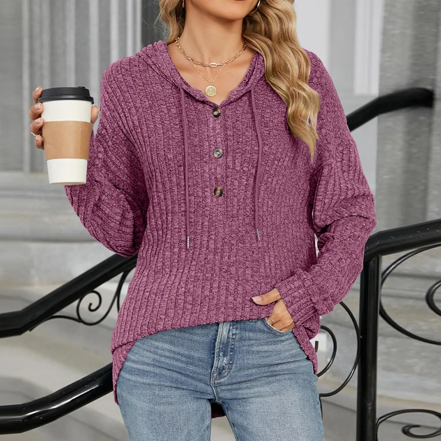 Autumn Slouchy Sweater Fashion Striped Knit Long Sleeve Drawstring Hooded Button Down Tunics Casual Party Work Tops