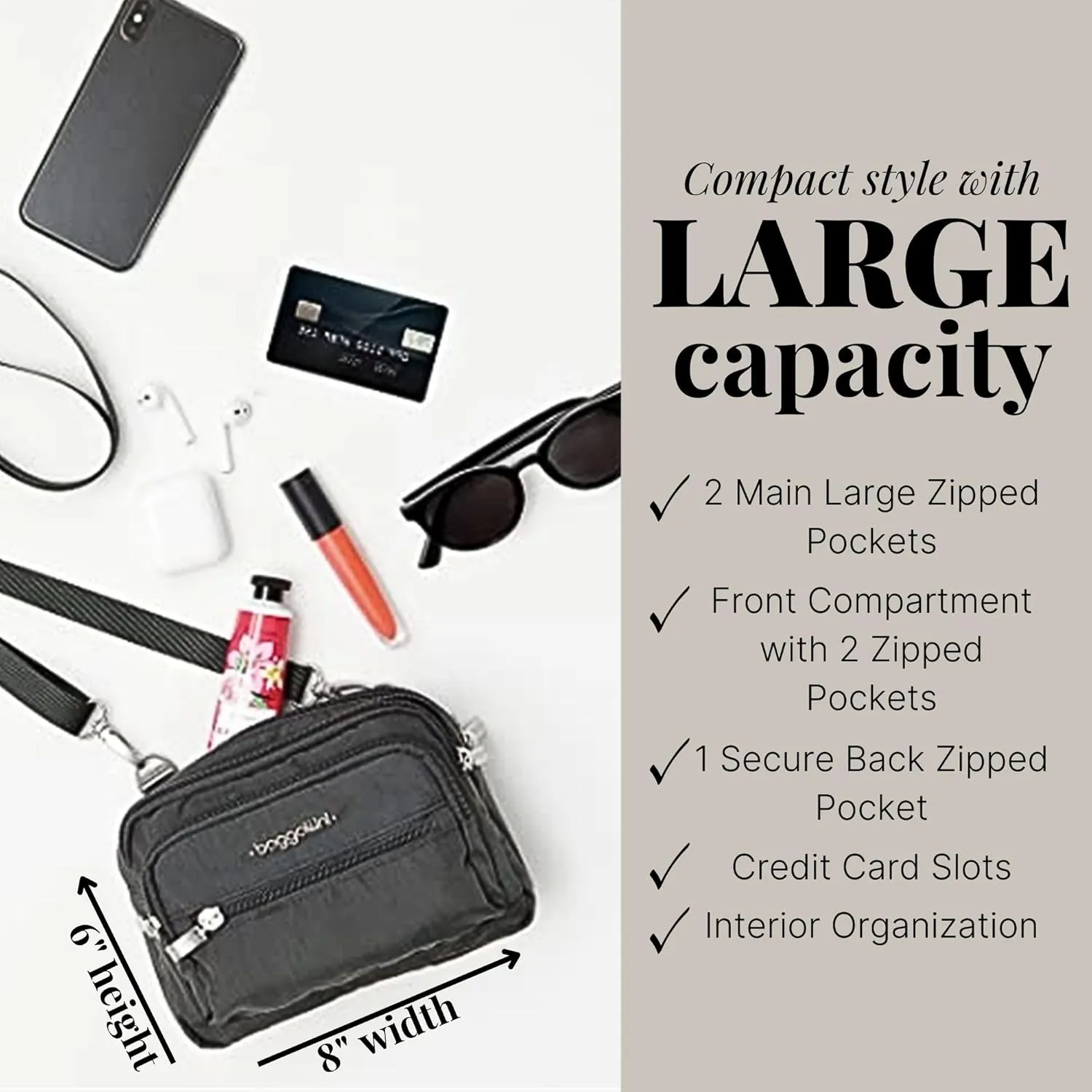 Baggallini Triple Zip Small Crossbody Bag