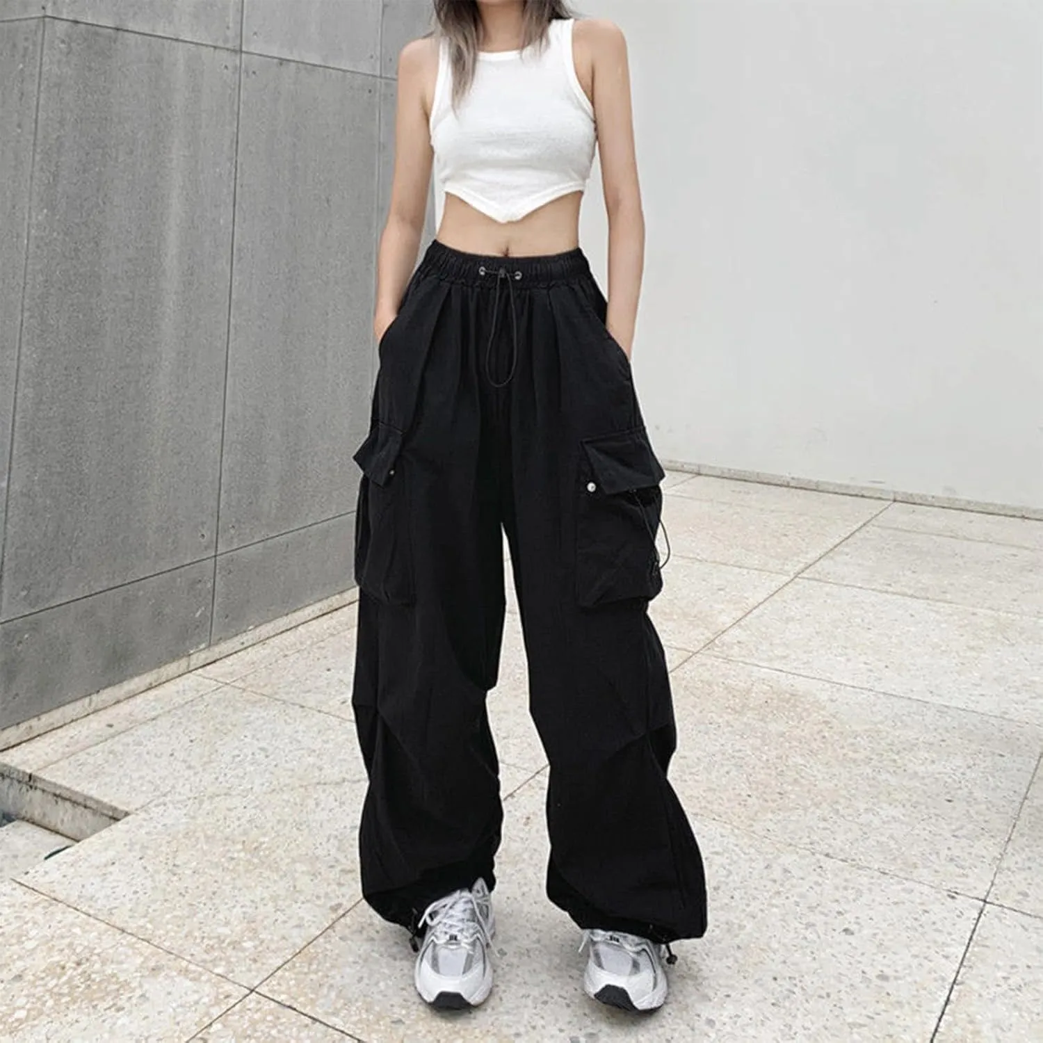 Baggy Parachute Pants Womens Y2K Drawstring Elastic High Waist Cargo Pant Streetwear Casual Trendy Trousers with Pockets
