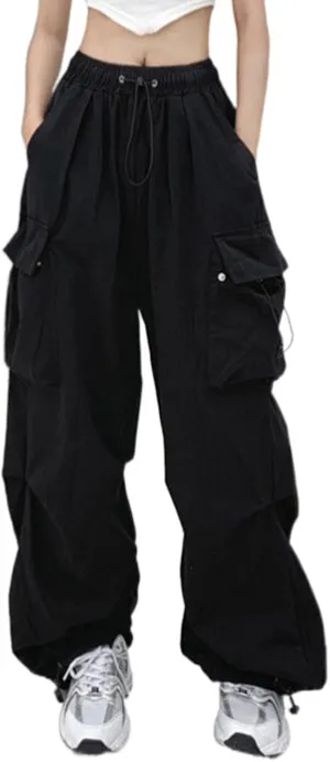 Baggy Parachute Pants Womens Y2K Drawstring Elastic High Waist Cargo Pant Streetwear Casual Trendy Trousers with Pockets