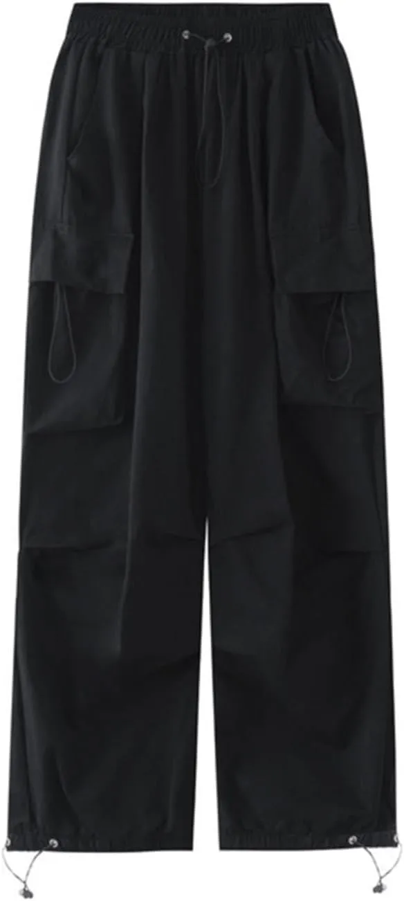 Baggy Parachute Pants Womens Y2K Drawstring Elastic High Waist Cargo Pant Streetwear Casual Trendy Trousers with Pockets