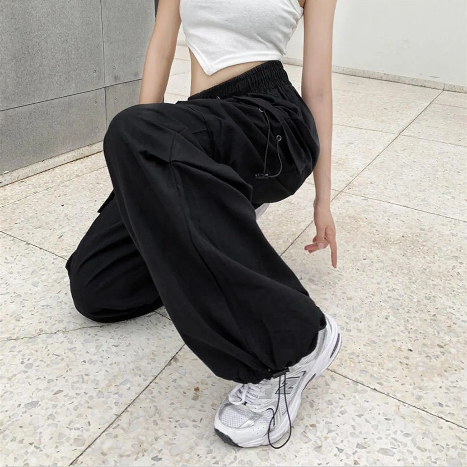 Baggy Parachute Pants Womens Y2K Drawstring Elastic High Waist Cargo Pant Streetwear Casual Trendy Trousers with Pockets