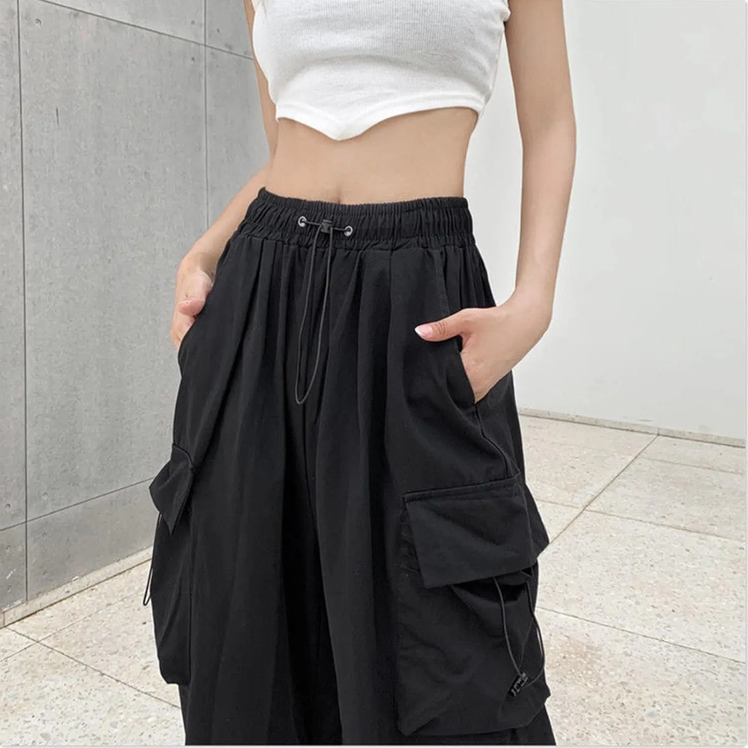 Baggy Parachute Pants Womens Y2K Drawstring Elastic High Waist Cargo Pant Streetwear Casual Trendy Trousers with Pockets