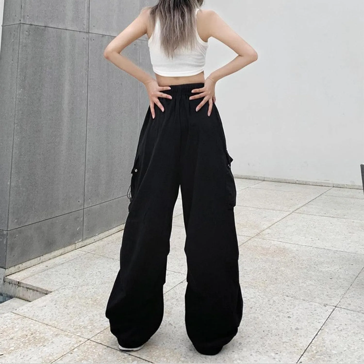 Baggy Parachute Pants Womens Y2K Drawstring Elastic High Waist Cargo Pant Streetwear Casual Trendy Trousers with Pockets