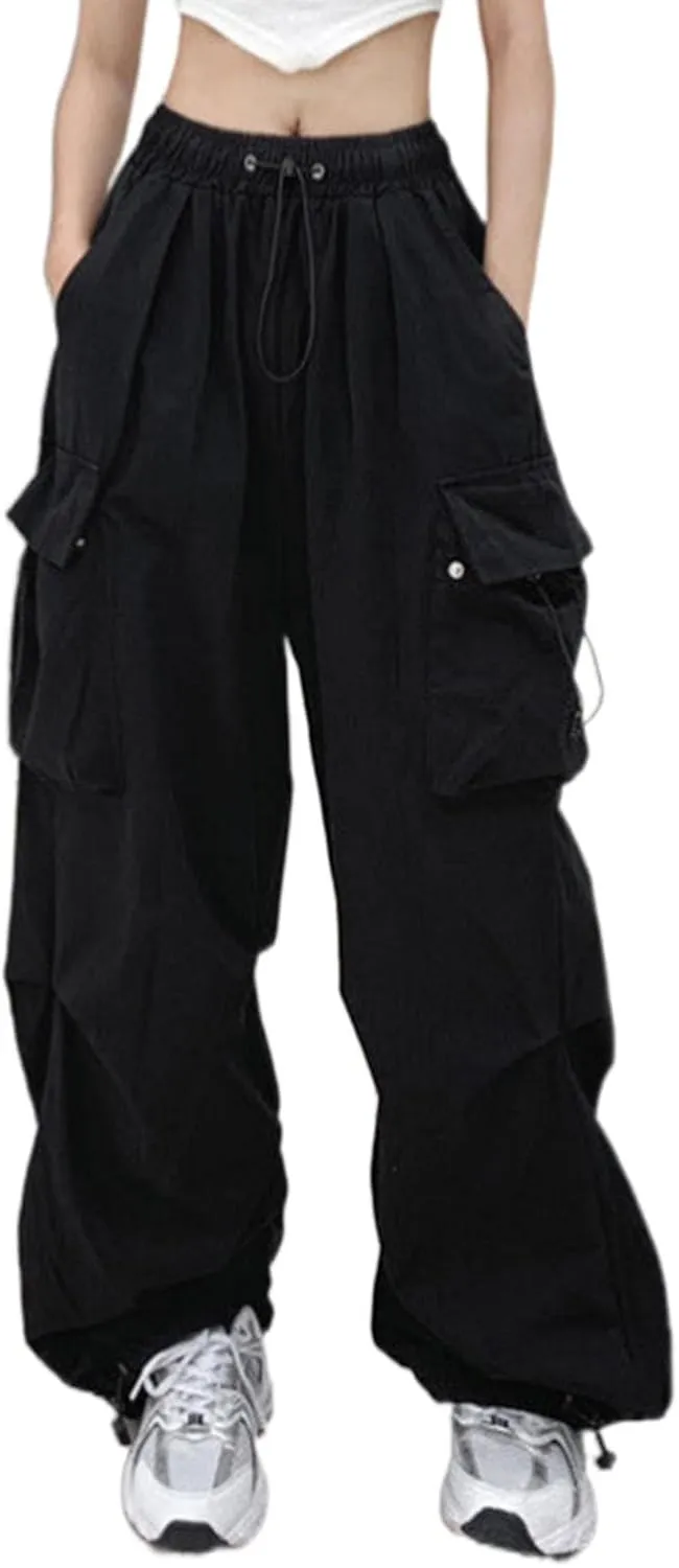 Baggy Parachute Pants Womens Y2K Drawstring Elastic High Waist Cargo Pant Streetwear Casual Trendy Trousers with Pockets