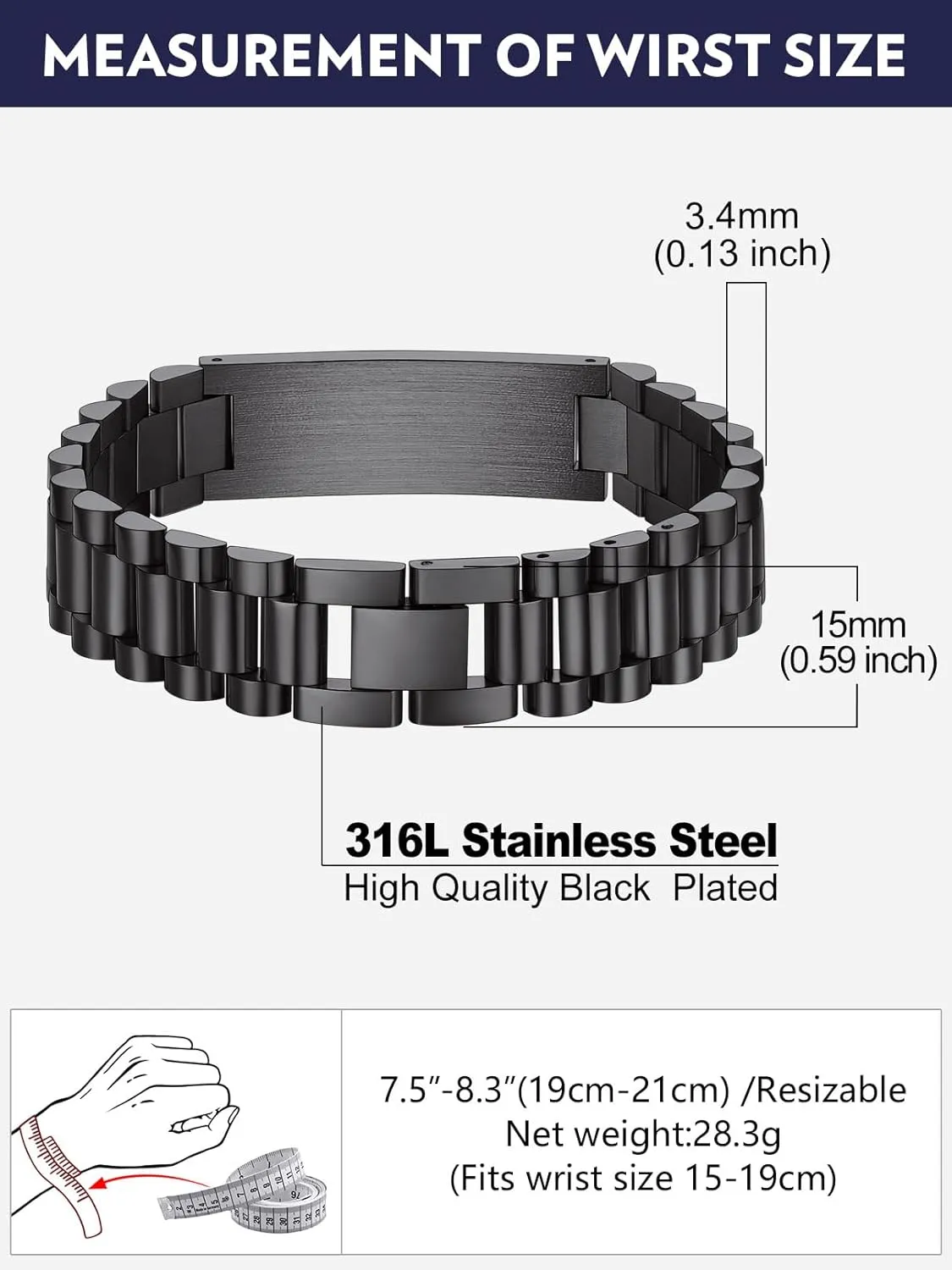 Bandmax Stainless Steel Watch Strap Link Chain Bracelets 10MM/15MM Waterproof Chic Chunky Fake Watch Hand Chain Wristbands Gift for Men Women, Custom Available