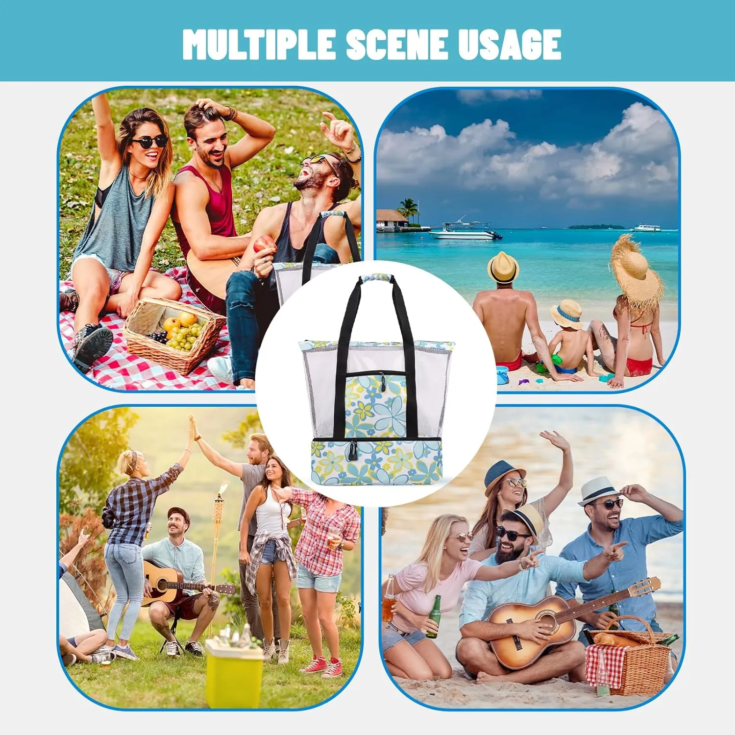 Beach Bag with Cooler,Mesh Beach Bags for Women Sandproof for Pool and Swimming Zipper Waterproof Bag