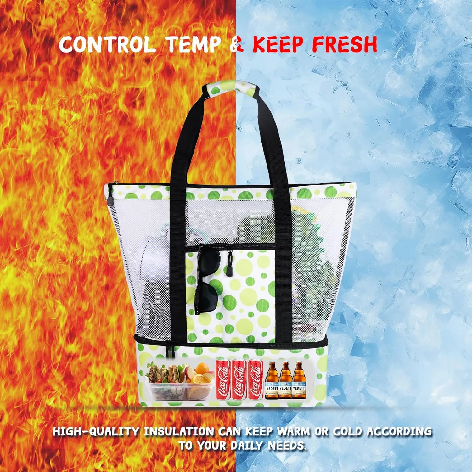 Beach Bag with Cooler,Mesh Beach Bags for Women Sandproof for Pool and Swimming Zipper Waterproof Bag