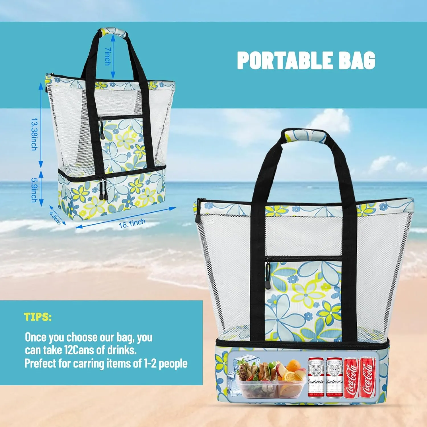 Beach Bag with Cooler,Mesh Beach Bags for Women Sandproof for Pool and Swimming Zipper Waterproof Bag