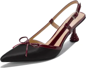 Beauty Cry Slingback Kitten Pumps for Women Satin Bow Pointed Toe Low Heel Work Dress Heeled Sandals
