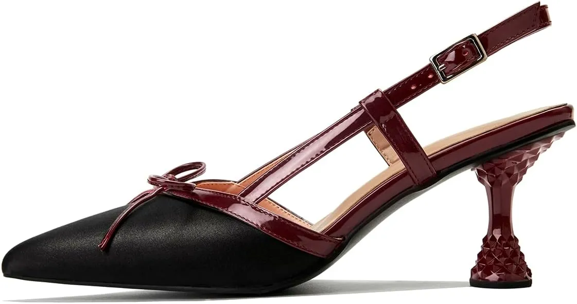 Beauty Cry Slingback Kitten Pumps for Women Satin Bow Pointed Toe Low Heel Work Dress Heeled Sandals
