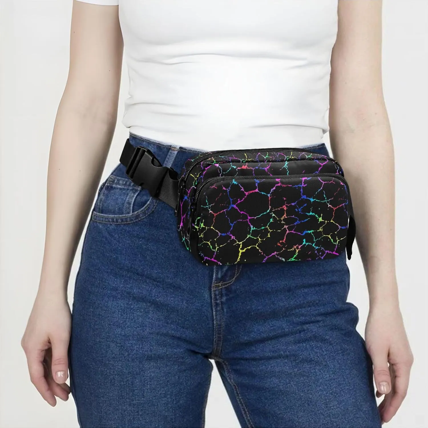 Black Colorful Texture Womens Fanny Pack Belt Bag Hip Pouch Waterproof Hiking Cross Body Waist Pack