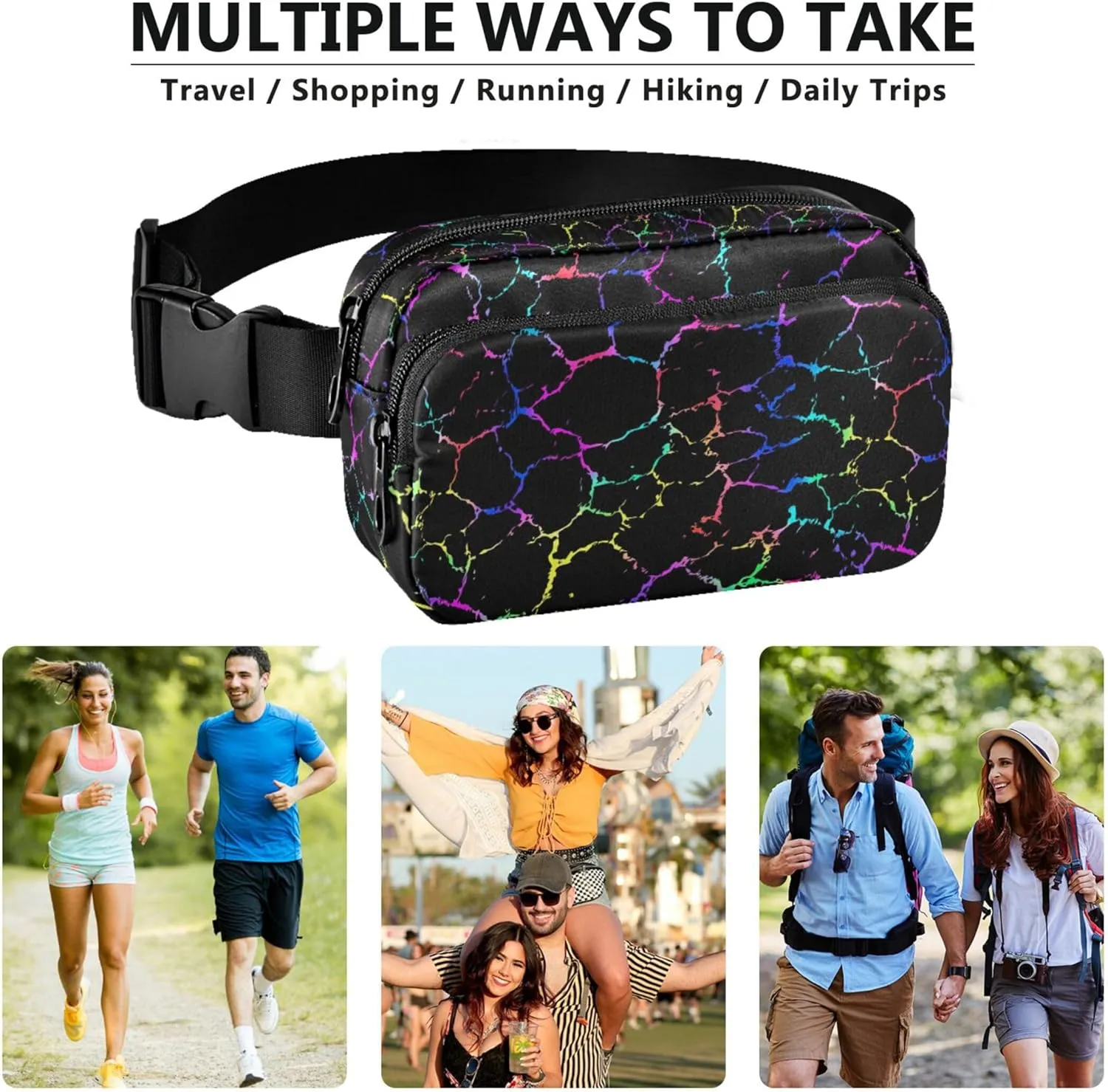 Black Colorful Texture Womens Fanny Pack Belt Bag Hip Pouch Waterproof Hiking Cross Body Waist Pack