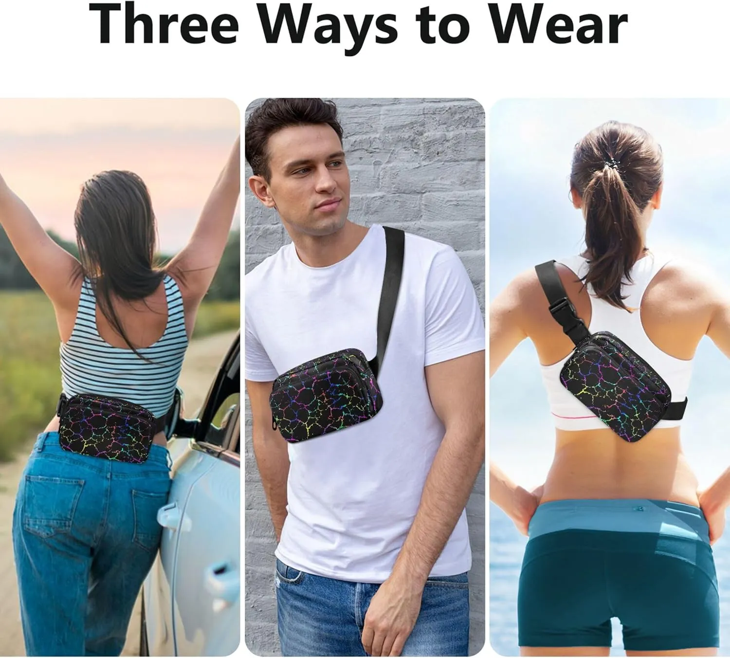 Black Colorful Texture Womens Fanny Pack Belt Bag Hip Pouch Waterproof Hiking Cross Body Waist Pack