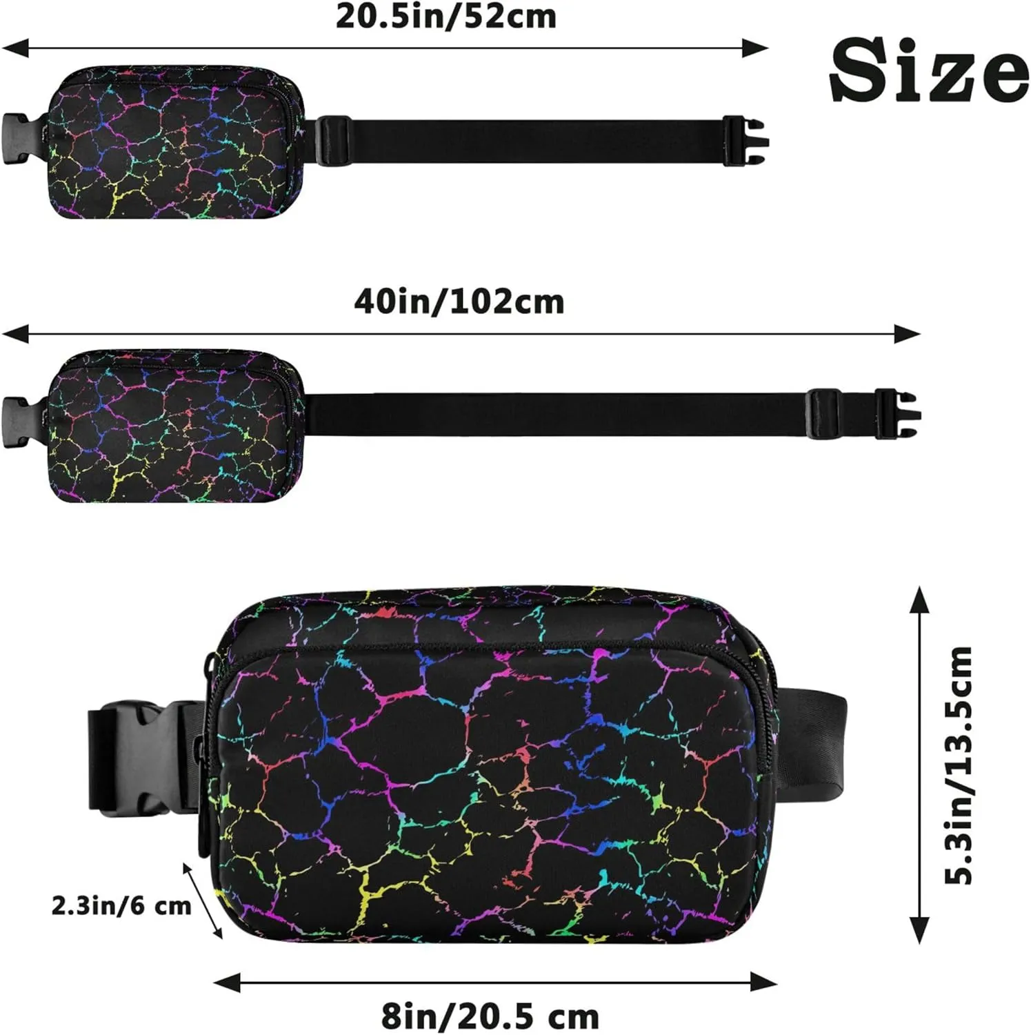 Black Colorful Texture Womens Fanny Pack Belt Bag Hip Pouch Waterproof Hiking Cross Body Waist Pack