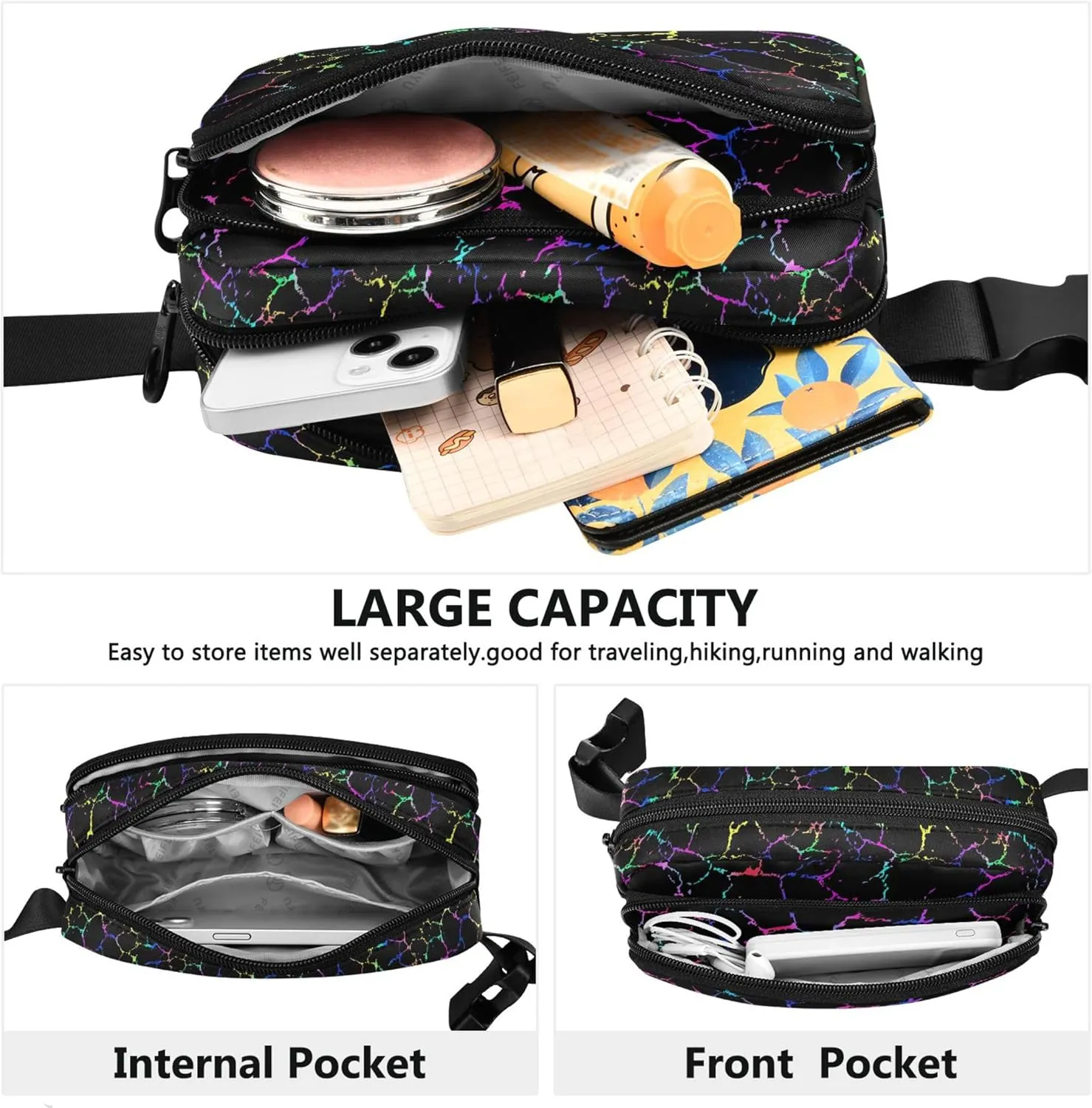 Black Colorful Texture Womens Fanny Pack Belt Bag Hip Pouch Waterproof Hiking Cross Body Waist Pack