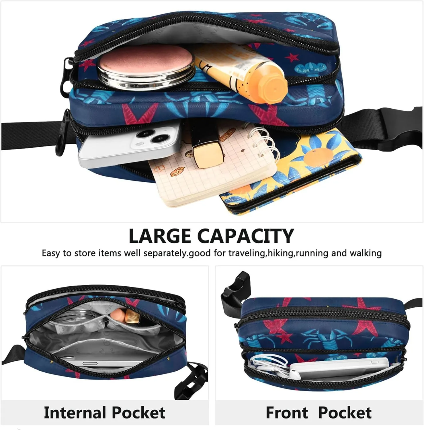Blue Nautical Lobster Star Womens Fanny Pack Belt Bag Hip Pack Waterproof Funny Waist Purse for Women