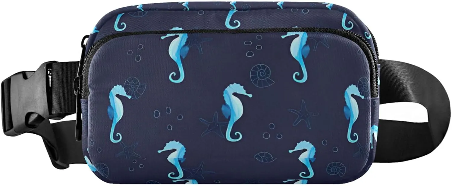 Blue Sea Horses Black Waterproof Womens Fanny Pack Everywhere Belt Bag Bright Color Waist Purse for Women