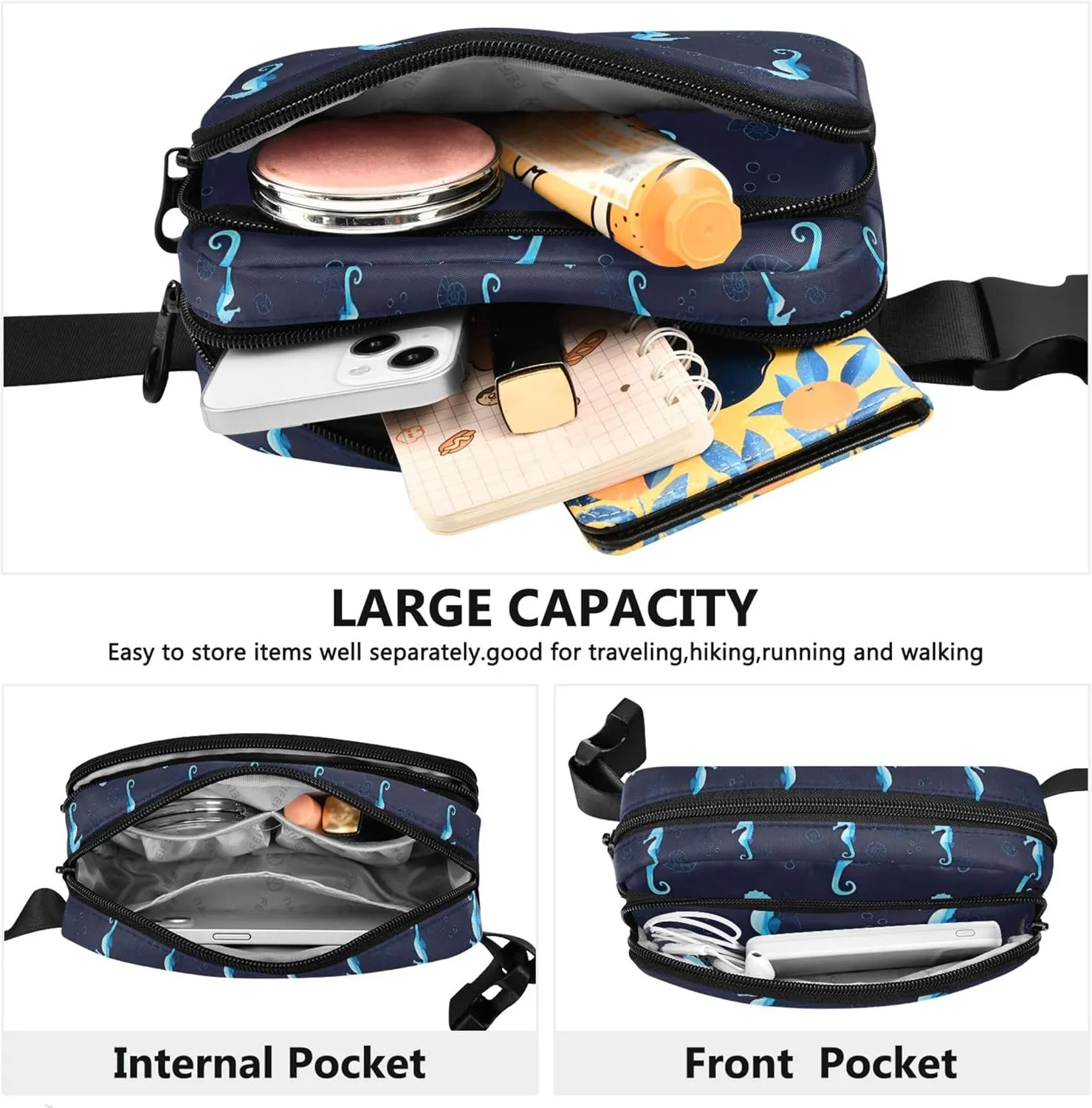 Blue Sea Horses Black Waterproof Womens Fanny Pack Everywhere Belt Bag Bright Color Waist Purse for Women