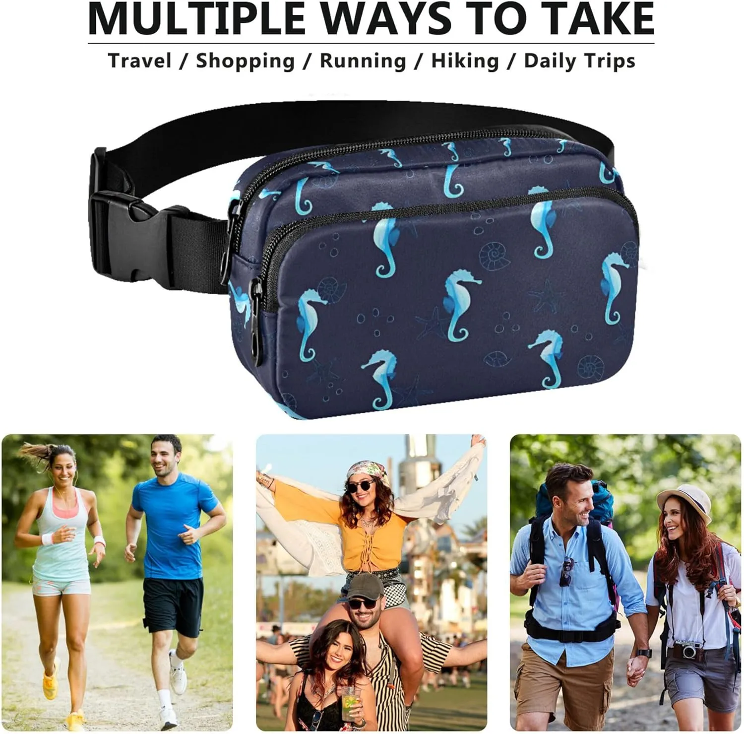 Blue Sea Horses Black Waterproof Womens Fanny Pack Everywhere Belt Bag Bright Color Waist Purse for Women