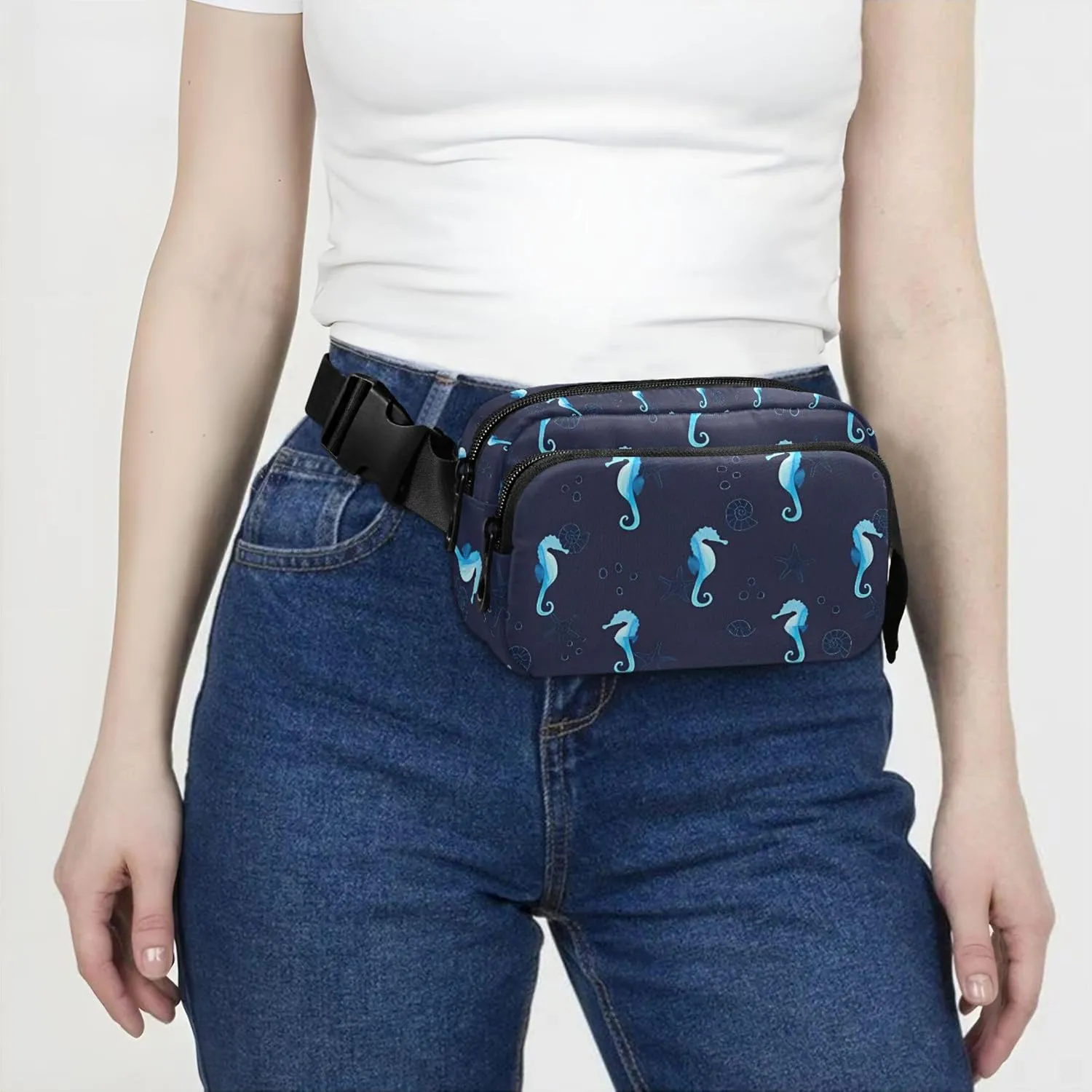 Blue Sea Horses Black Waterproof Womens Fanny Pack Everywhere Belt Bag Bright Color Waist Purse for Women