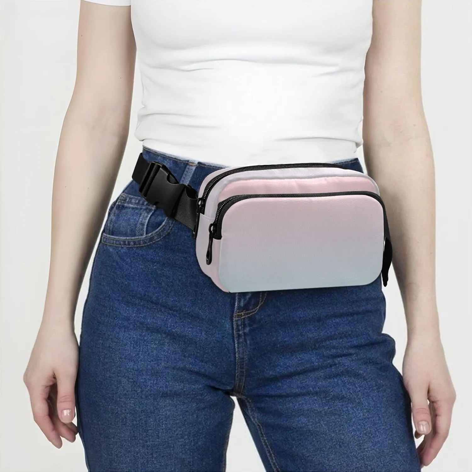 Blush Pink Blue Gradient Women Fanny Pack Hip Bag Belt Purse Waterproof Trendy Crossbody Waist Pack