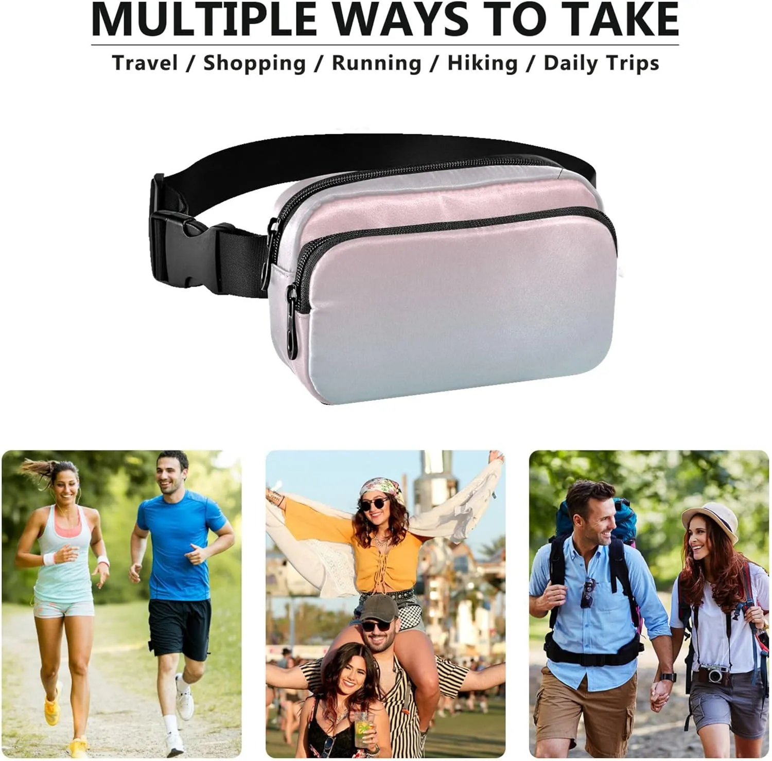 Blush Pink Blue Gradient Women Fanny Pack Hip Bag Belt Purse Waterproof Trendy Crossbody Waist Pack