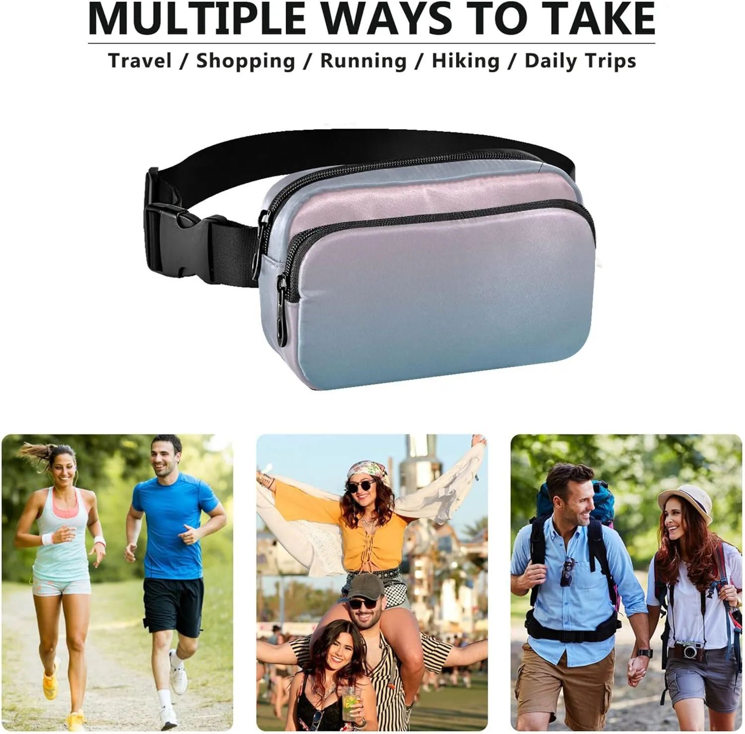 Blush Pink Saxe Blue Gradient Women Fanny Packs Waterproof Everywhere Belt Bag Cute Cross Body Waist Purse