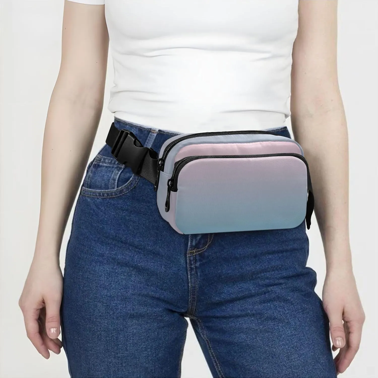 Blush Pink Saxe Blue Gradient Women Fanny Packs Waterproof Everywhere Belt Bag Cute Cross Body Waist Purse