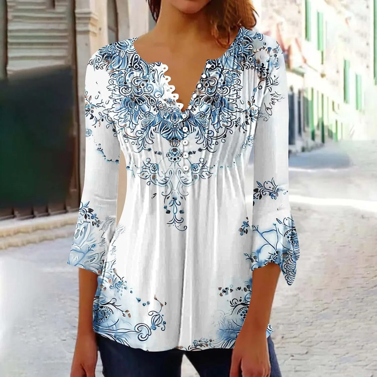 Bohemian Tops for Women Trendy Sexy Elegant T-Shirts Boho Floral Print 3/4 Bell Sleeve v Neck Shirts Blouses