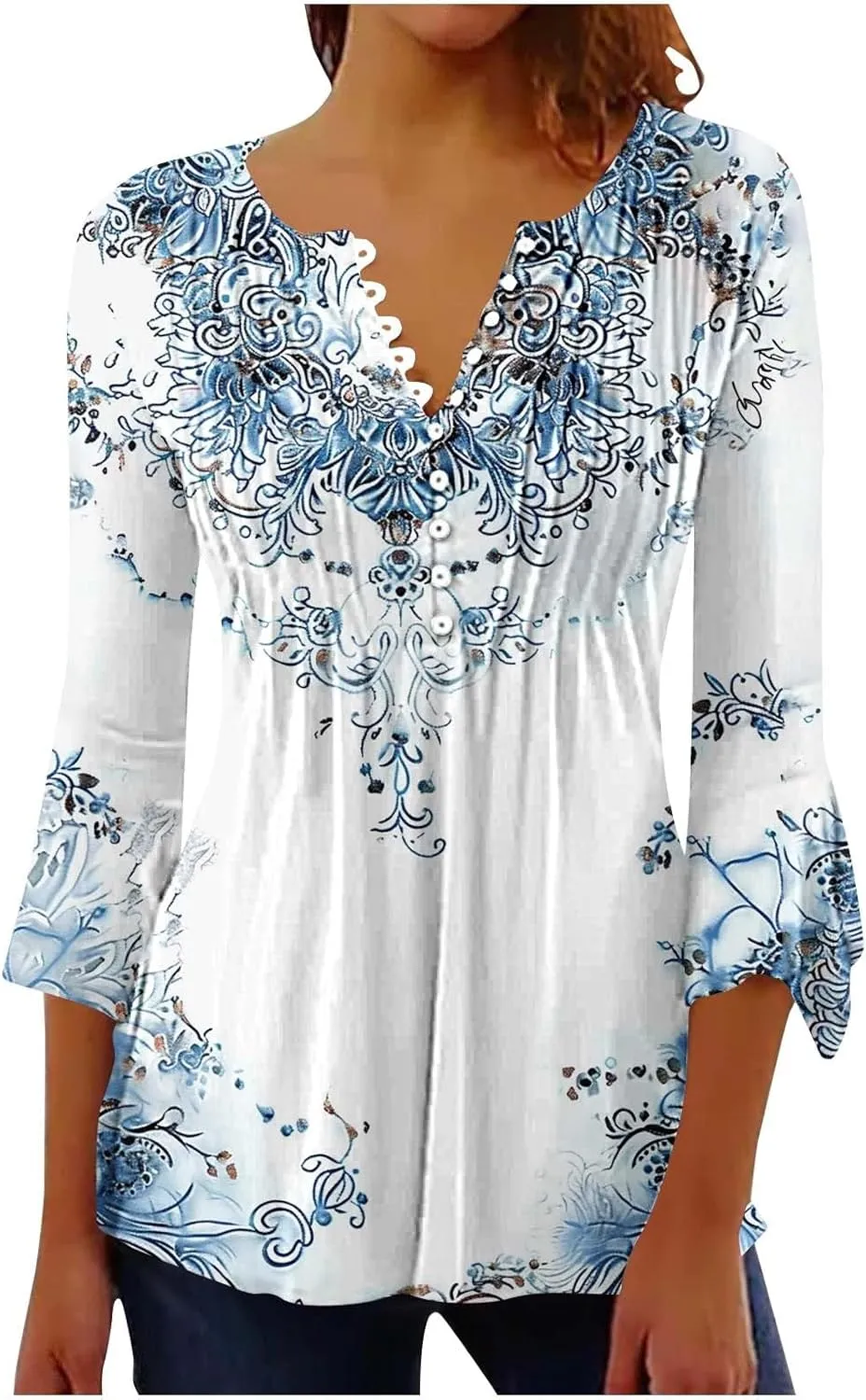 Bohemian Tops for Women Trendy Sexy Elegant T-Shirts Boho Floral Print 3/4 Bell Sleeve v Neck Shirts Blouses