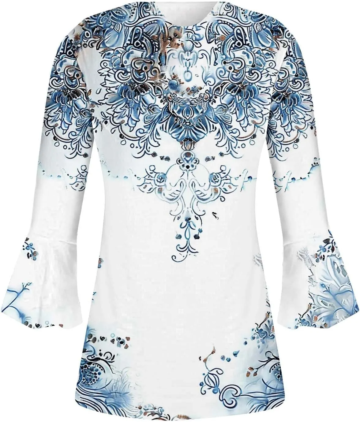 Bohemian Tops for Women Trendy Sexy Elegant T-Shirts Boho Floral Print 3/4 Bell Sleeve v Neck Shirts Blouses