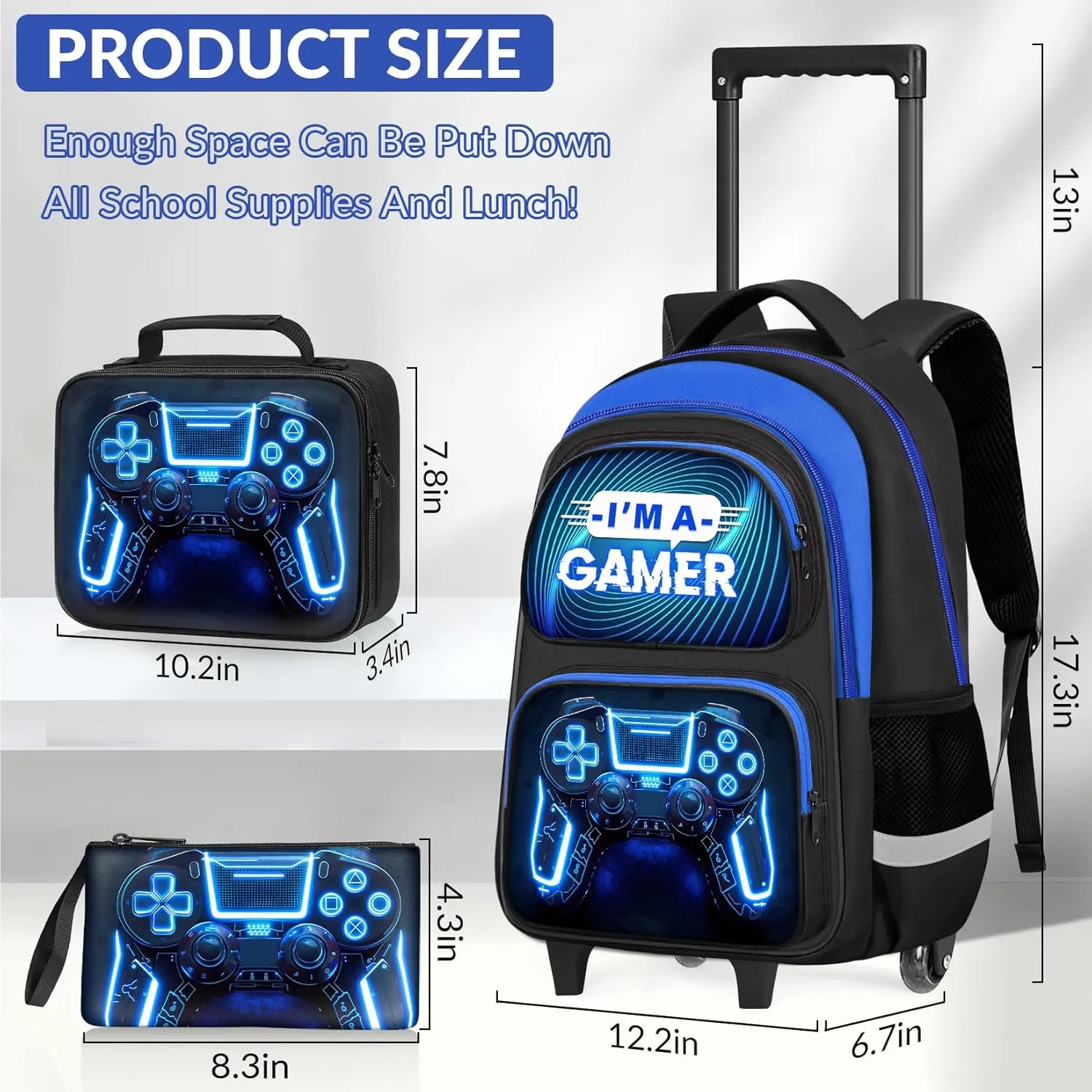 Boys Rolling Backpack for Kids - 3PCS Gamer Boys Rolling Backpack with Lunch Bag Set, Multifunctional Wheeled Bookbag for Elementary Middle School, Lightweight Travel Roller Bag