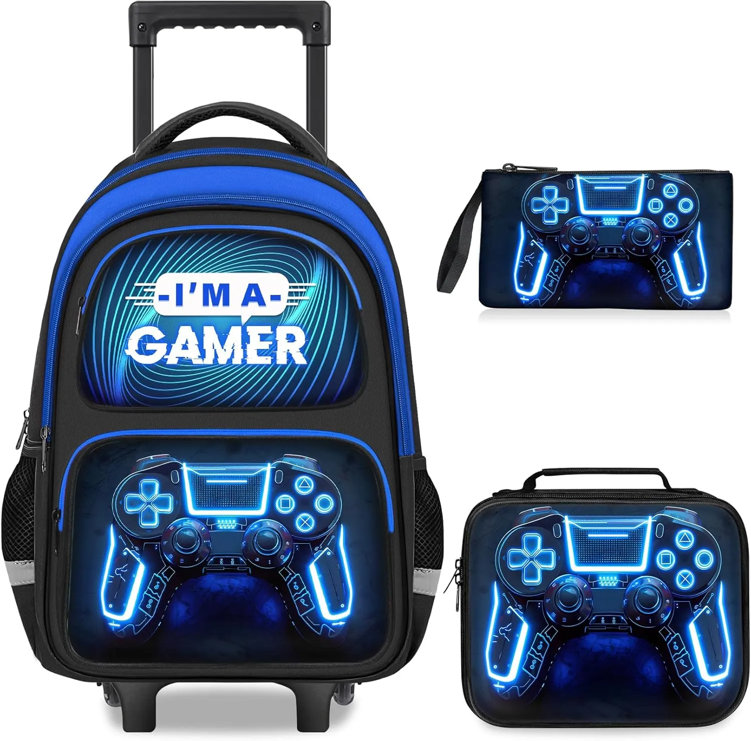 Boys Rolling Backpack for Kids - 3PCS Gamer Boys Rolling Backpack with Lunch Bag Set, Multifunctional Wheeled Bookbag for Elementary Middle School, Lightweight Travel Roller Bag