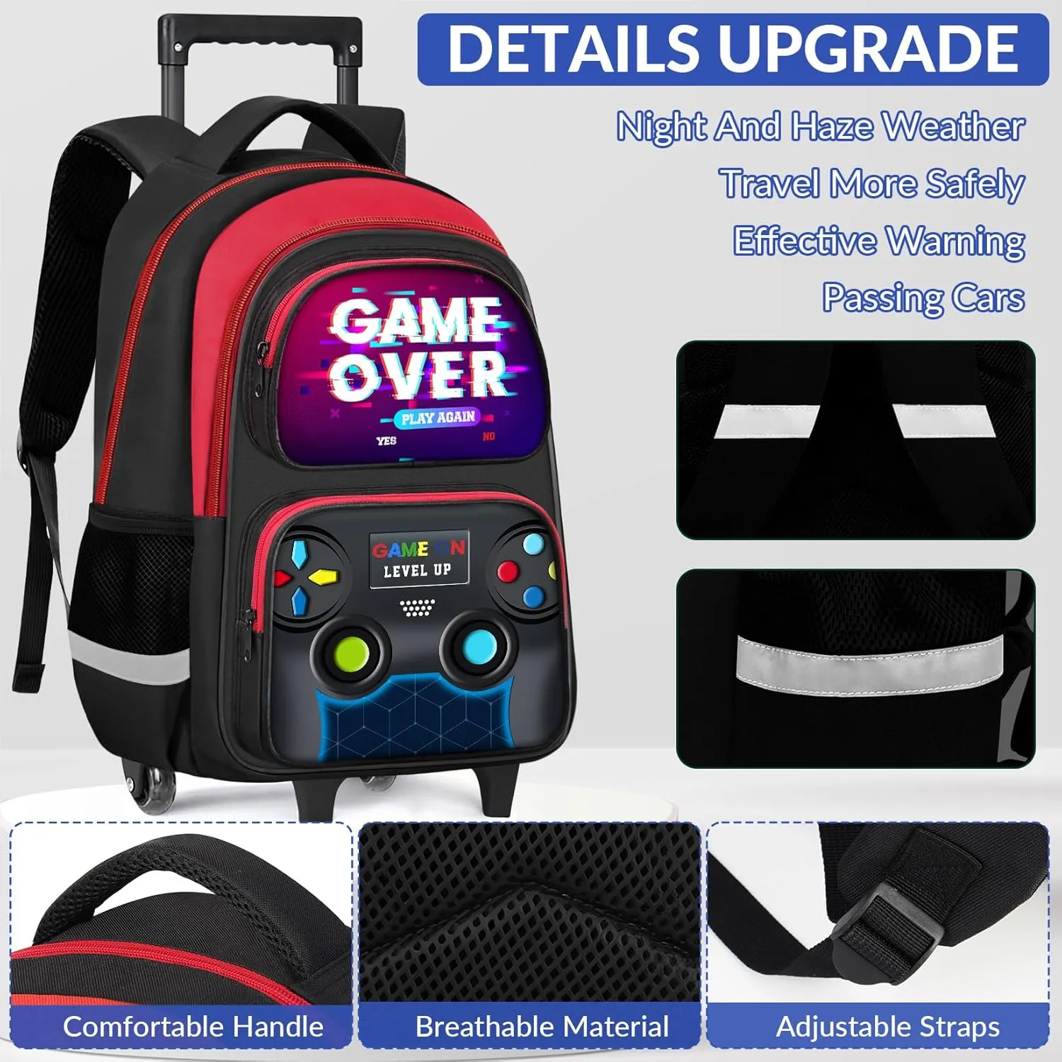 Boys Rolling Backpack for Kids - 3PCS Gamer Boys Rolling Backpack with Lunch Bag Set, Multifunctional Wheeled Bookbag for Elementary Middle School, Lightweight Travel Roller Bag